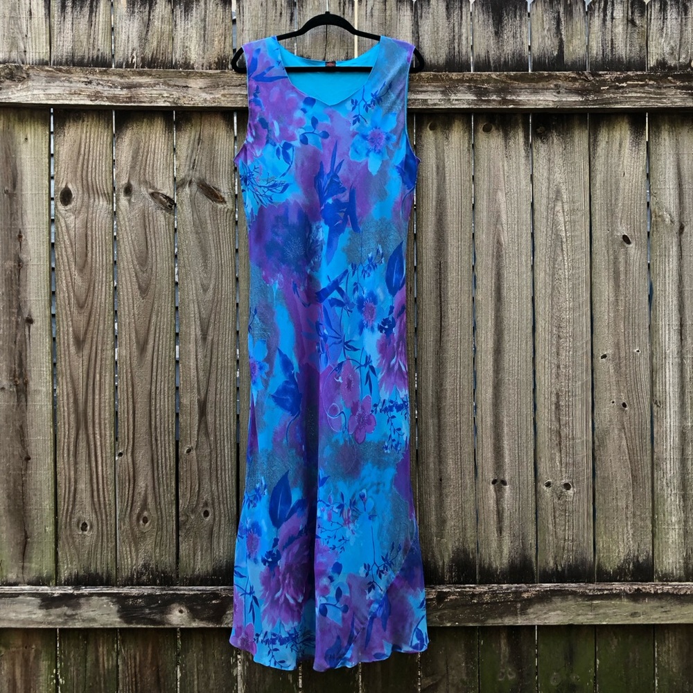 Vintage 90s Floral Fairy Dress Blue Purple Bias Cut Sleeveless Maxi Sheer